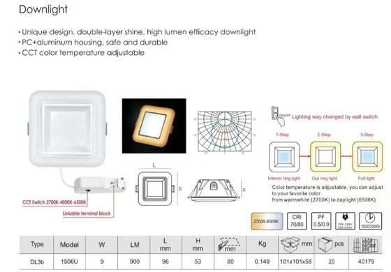 3CCT 3Step Interior Lighting Muare Recesseini Sqd Track Wall Washer Spotlight LED Downlight