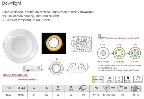 100lm/w 3-Step 2700K-6500K Interior Lighting Muare Recesseini Track Wall Washer Spotlight Led Downlight Ceiling Recessed Cob Down Light