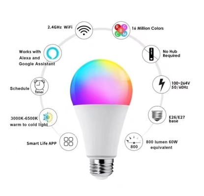 15000 Hour Working Lifetime Tuya Smart LED Bulb with Multi Color RGBCW and BT Control