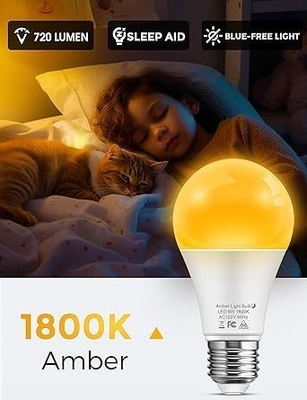 15000 Hours Lifespan AC Power Supply Blue Light Blocking A19 9W Dim Bulb for Kids Room